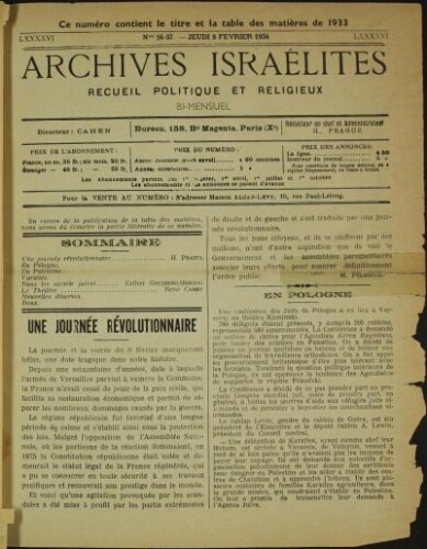 Archives israélites de France. Vol.96 N°56-57 (08 févr. 1934)